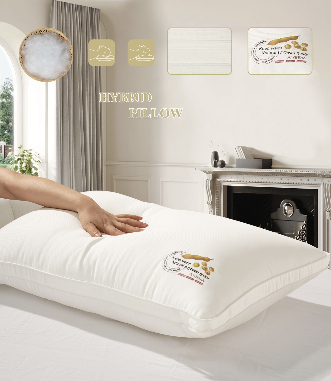 Natural Soybean Soft Pillow – Off-White Silky Finish, Warm & Hypoallergenic Comfort (45× 75 cm)