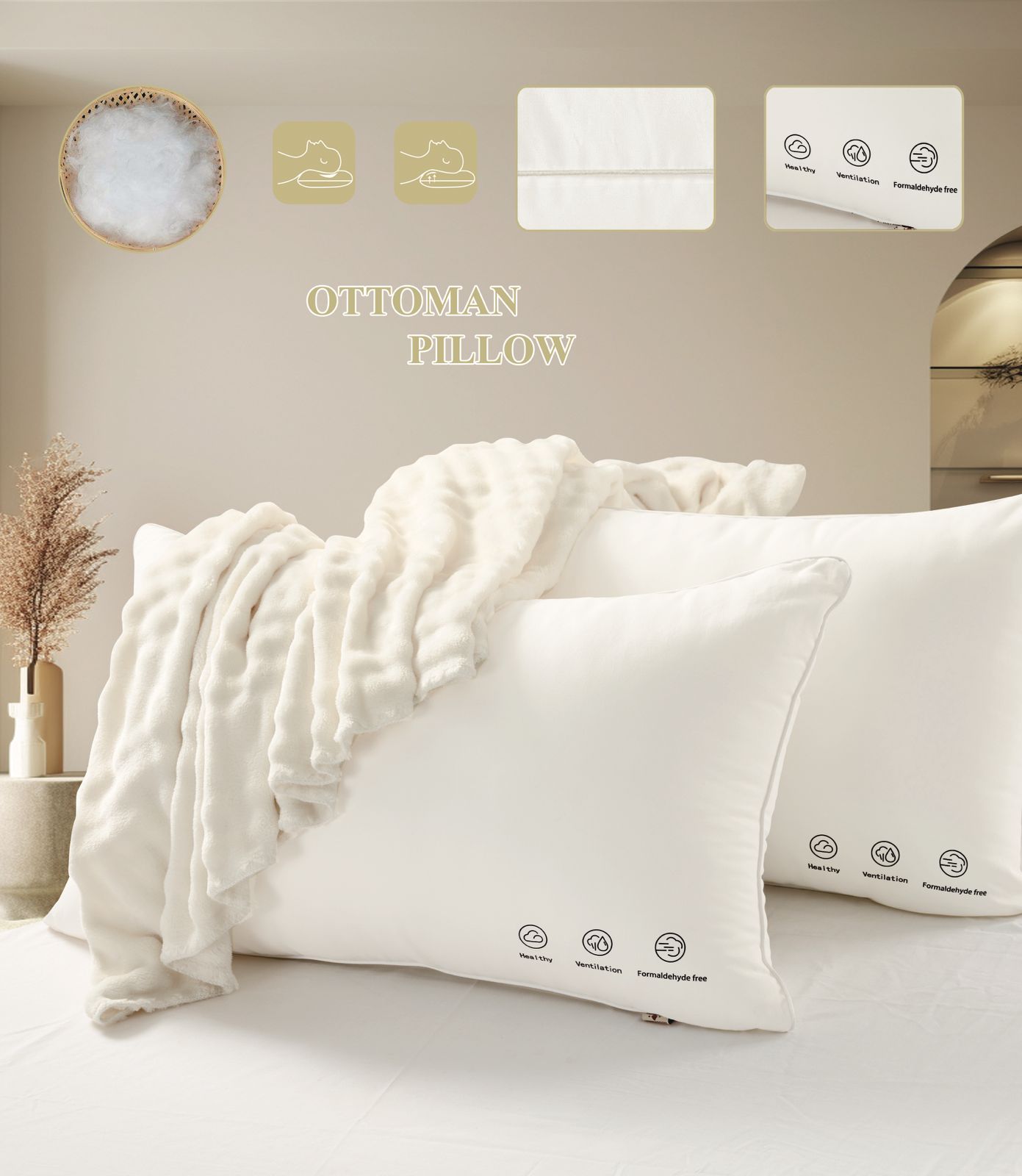 Luxurious Embroidered Pillow – Medium Soft, 50×75 cm